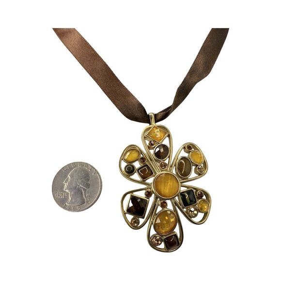 Yellow Austrian Crystal Large Flower Pendant Satin Necklace 22” Cottagecore - Picture 7 of 9